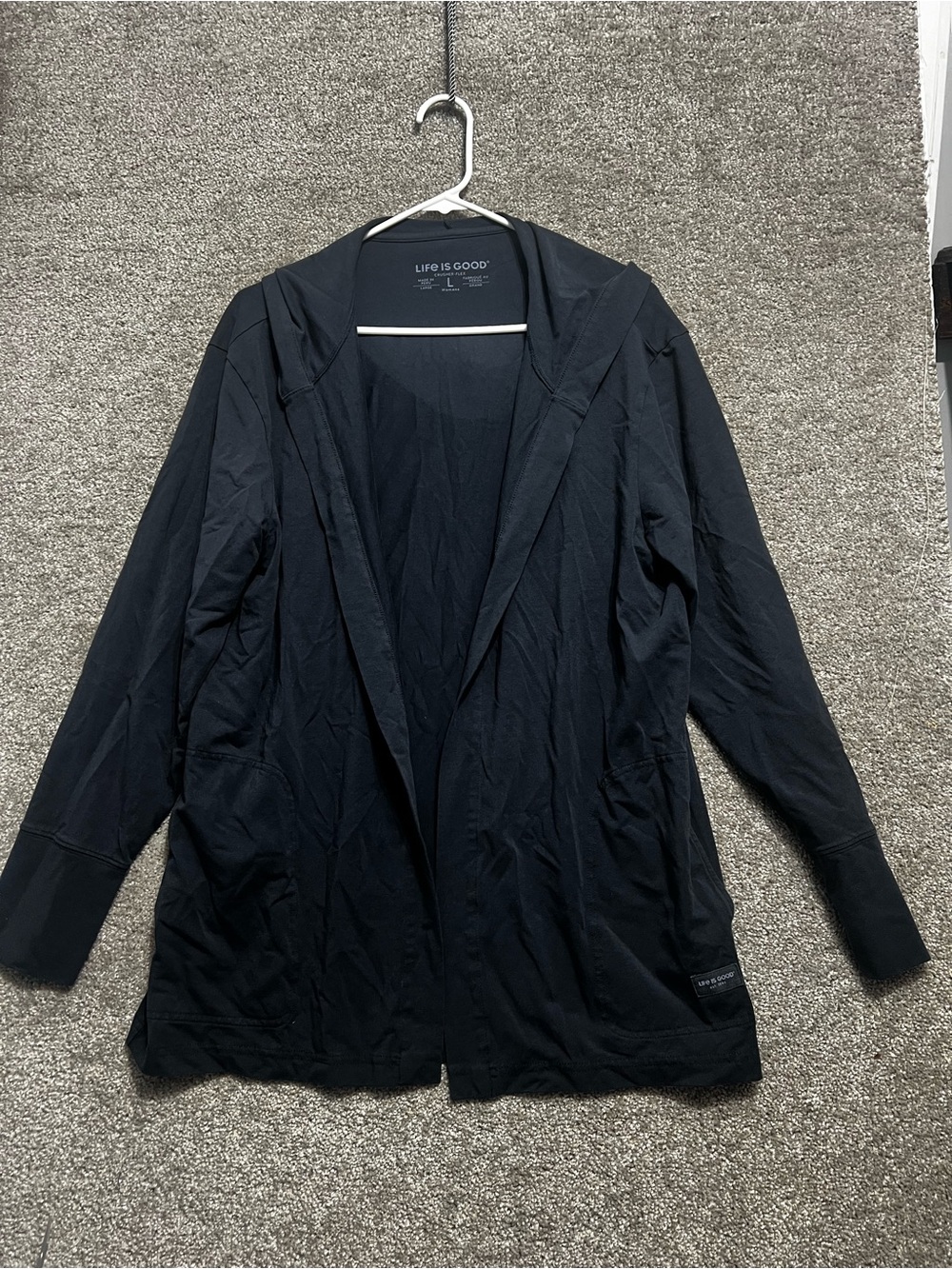 Life Is Good Woman’s Black Open Front Hooded Cotton Cardigan Jersey Knit Large